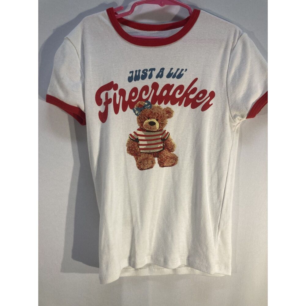 Social Edition Firecracker Teddy Bear Ringer Tee Size XS Patriotic 4th of July